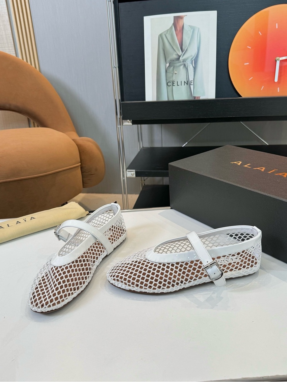 Alaia White Mesh Mary Jane Flats with Buckle Strap